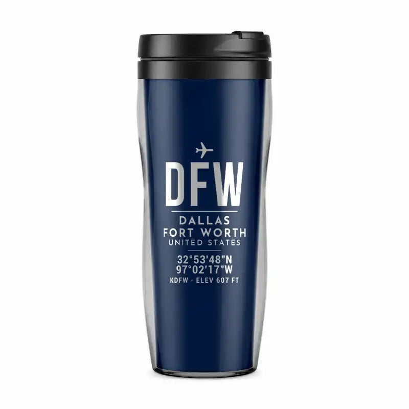 Dallas Fort Worth International Airport (DFW) Travel Mugs - ID Tag - Plastic (No Holder) - Dark Blue