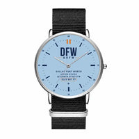 Thumbnail for Dallas Fort Worth International Airport (DFW) Aviator Watches - Classic - Light Blue - Slim Leather - Silver & Black Nylon Strap