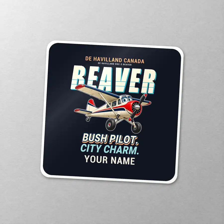 DHC-2 Beaver Mk I - Cartoon + Name - Square Sticker - Close-up