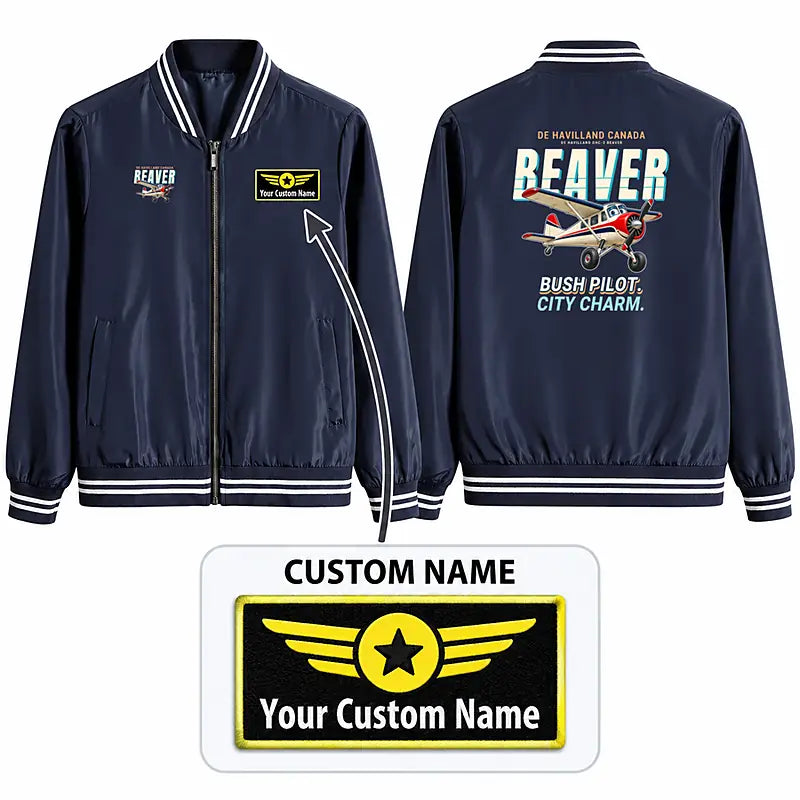 DHC-2 Beaver Mk I Stylish Jackets - Baseball Collar - Cartoon + Name - Navy Blue