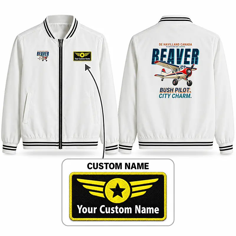 DHC-2 Beaver Mk I Stylish Jackets - Baseball Collar - Cartoon + Name - White