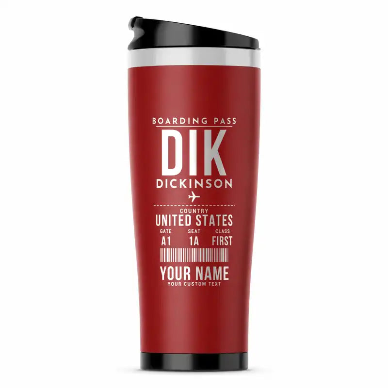 Dickinson Theodore Roosevelt Regional Airport (DIK) Travel Mugs - Boarding Pass + Name - Stainless Steel (No Holder) - Red