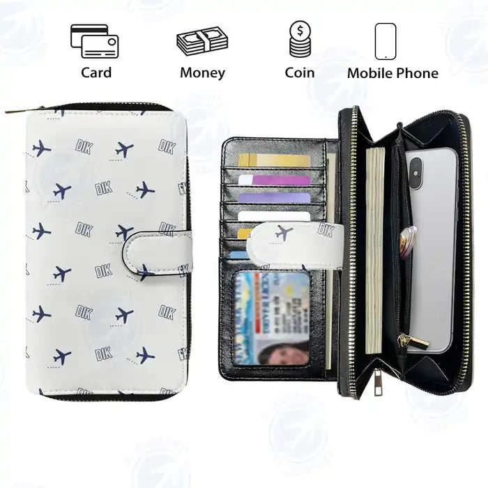 Dickinson Theodore Roosevelt Regional Airport (DIK) Leather Wallets - Zip Long Wallet - Pattern - White