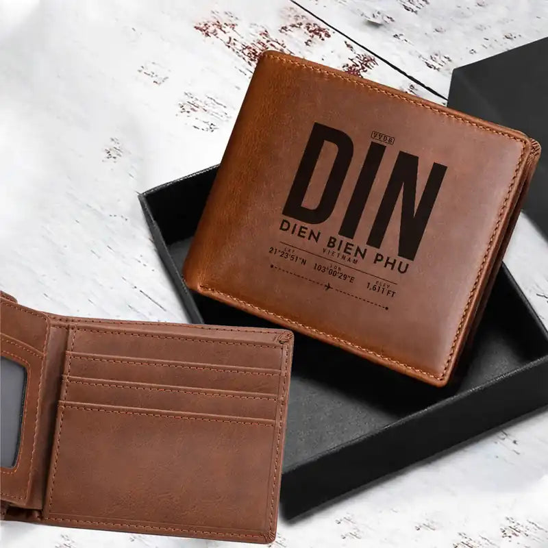 Dien Bien Phu Airport (DIN) Leather Wallets - Laser Leather Wallet - Tag