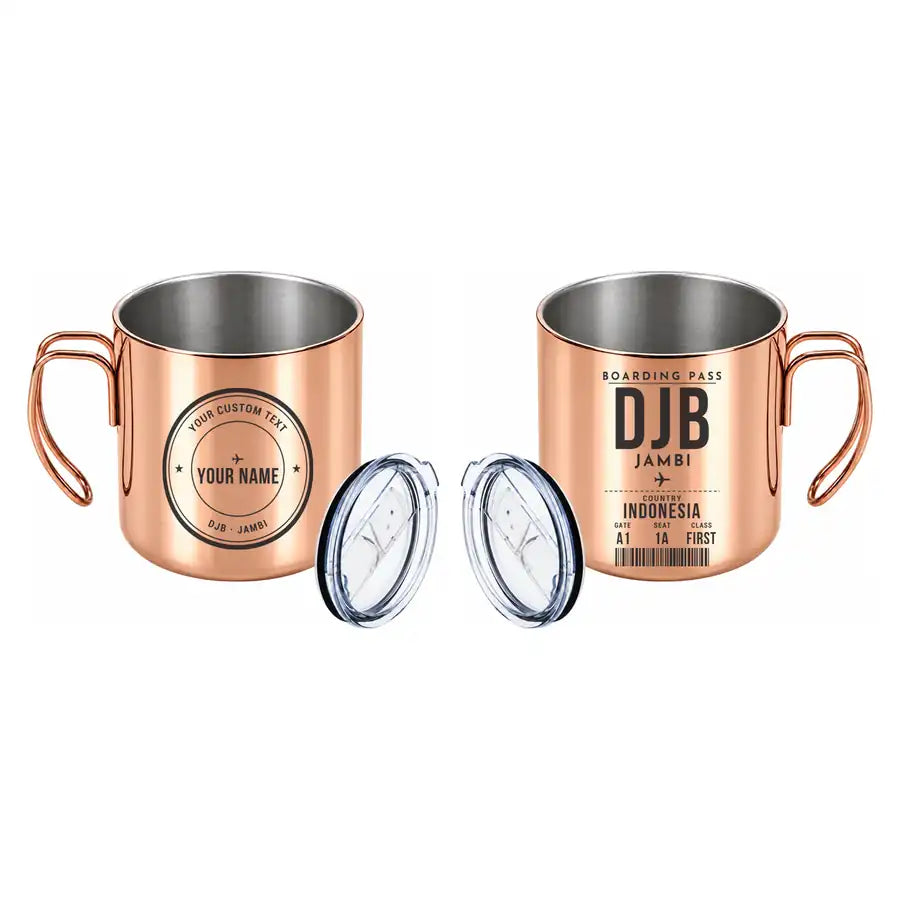 Sultan Thaha Airport (DJB) Stainless Steel Mugs - Boarding Pass + Custom Back - Portable Mug - Copper