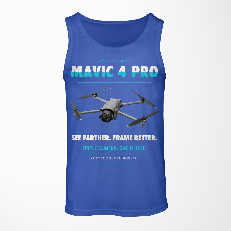 DJI Mavic 4 Pro design on blue tank top