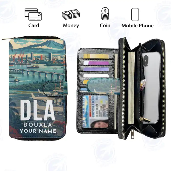 Douala International Airport (DLA) Leather Wallets - Zip Long Wallet - Scene + Name