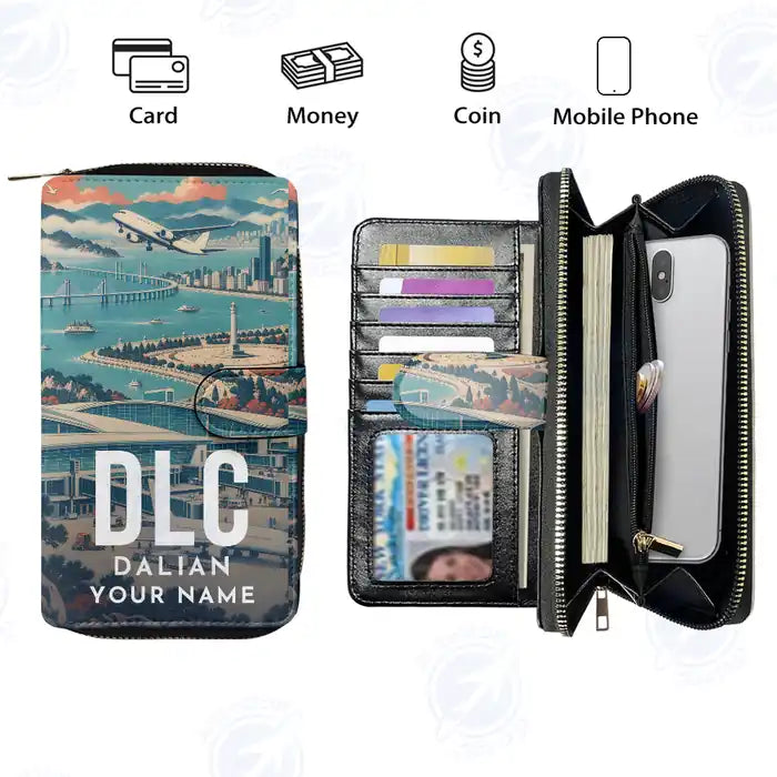 Dalian Zhoushuizi International Airport (DLC) Leather Wallets - Zip Long Wallet - Scene + Name