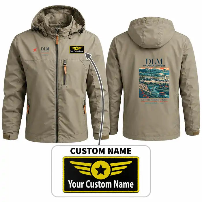 Dalaman Airport (DLM) Stylish Jackets - Hooded Windbreaker - Poster + Name - Khaki
