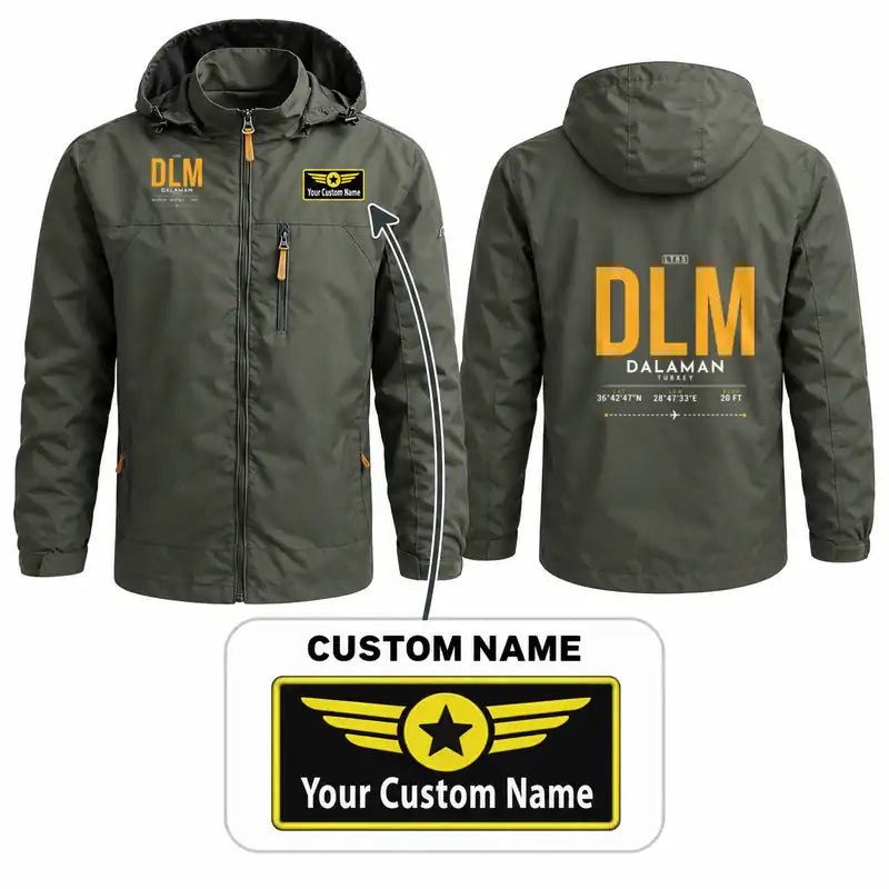 Dalaman Airport (DLM) Stylish Jackets - Hooded Windbreaker - Tag + Name - Olive Green