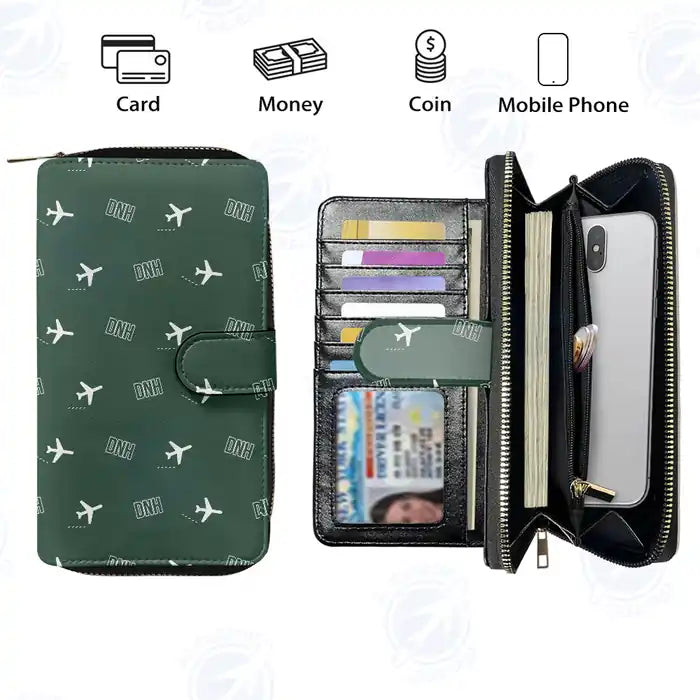 Dunhuang Mogao International Airport (DNH) Leather Wallets - Zip Long Wallet - Pattern - Dark Green