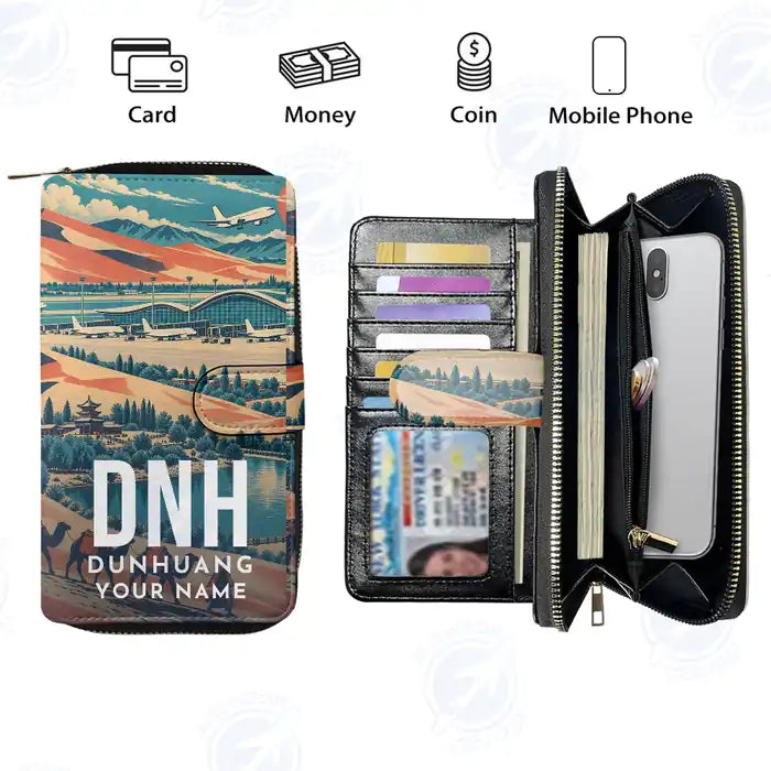 Dunhuang Mogao International Airport (DNH) Leather Wallets - Zip Long Wallet - Scene + Name