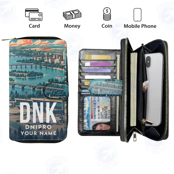 Dnipropetrovsk International Airport (DNK) Leather Wallets - Zip Long Wallet - Scene + Name