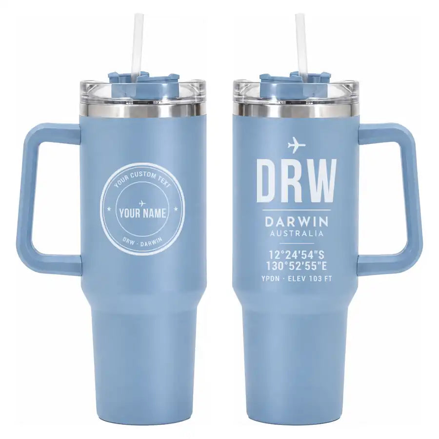 Darwin International Airport (DRW) Stainless Steel Mugs - ID Tag + Custom Back - 40oz Car Mug - Light Blue