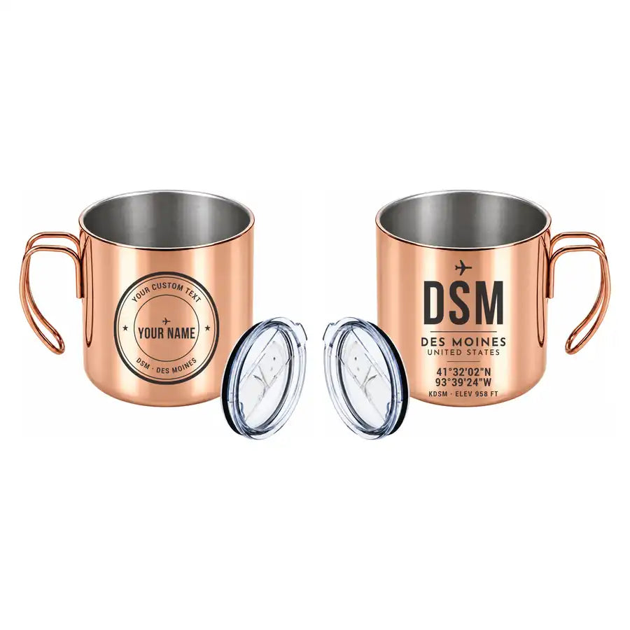 Des Moines International Airport (DSM) Stainless Steel Mugs - ID Tag + Custom Back - Portable Mug - Copper