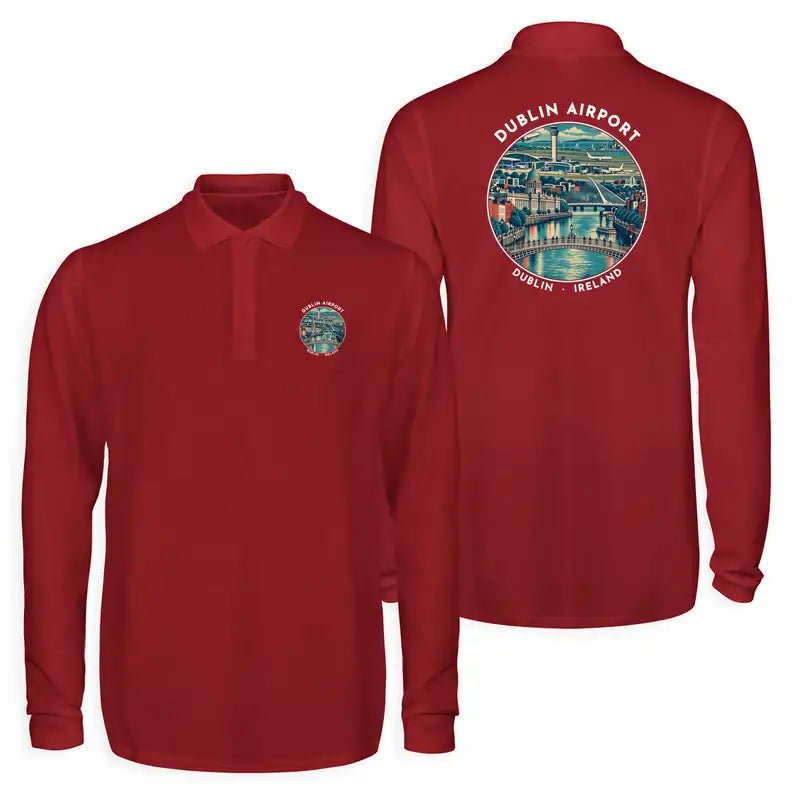 Dublin Airport (DUB) Premium Polo T-Shirts - Badge - Long Sleeve - Dark Red