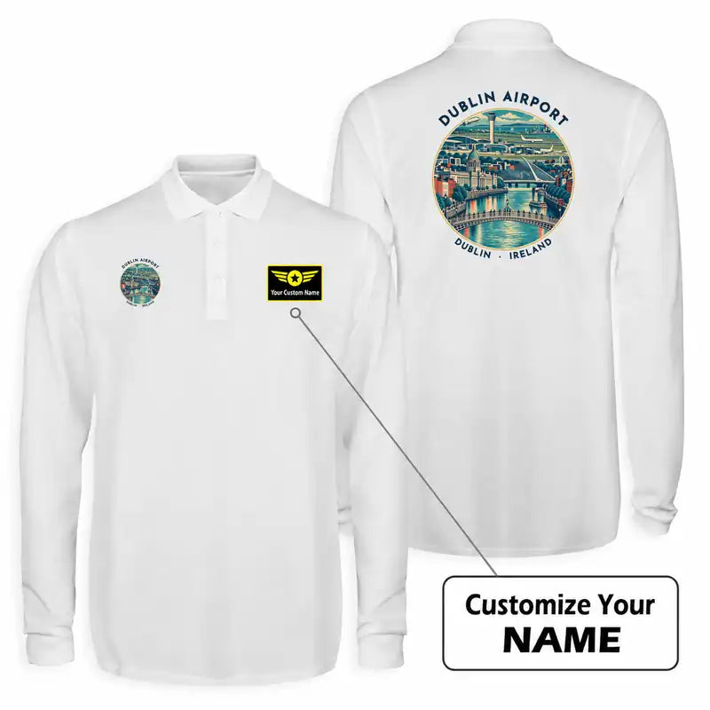 Dublin Airport (DUB) Premium Polo T-Shirts - Badge + Name - Long Sleeve - White