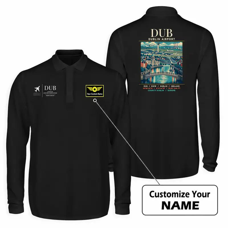 Dublin Airport (DUB) Premium Polo T-Shirts - Poster + Name - Long Sleeve - Black
