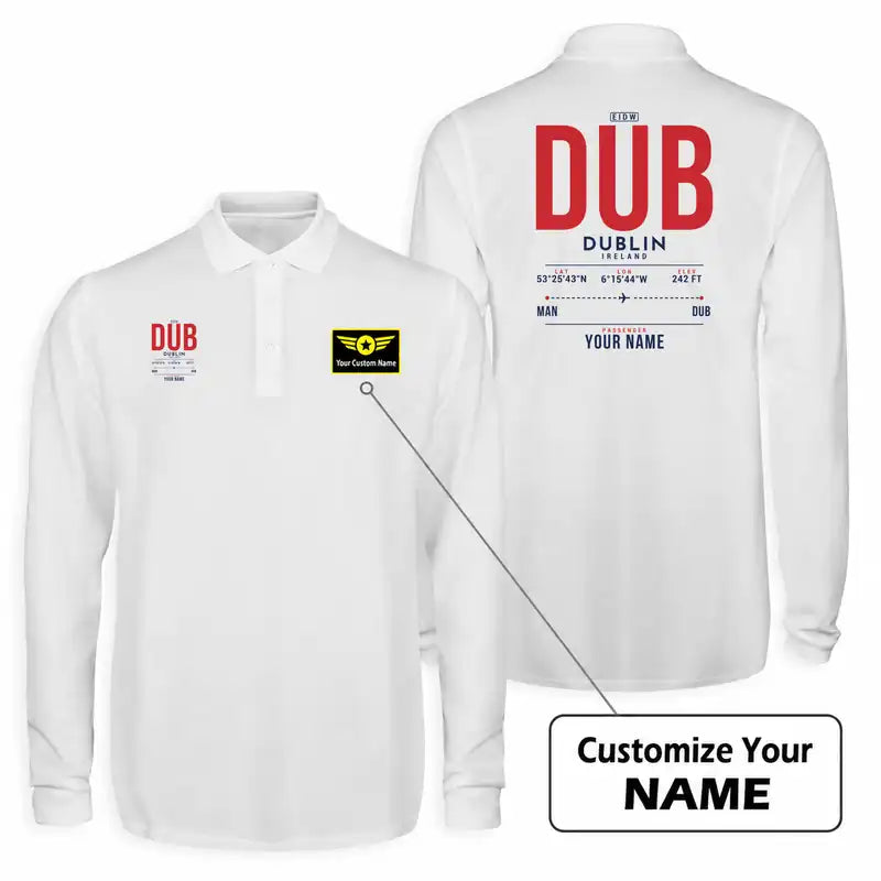 Dublin Airport (DUB) Premium Polo T-Shirts - Tag Custom - Long Sleeve - White