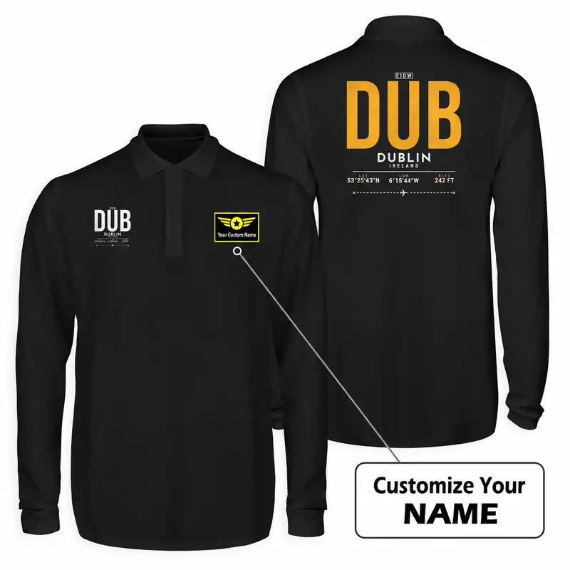 Dublin Airport (DUB) Premium Polo T-Shirts - Tag + Name - Long Sleeve - Black