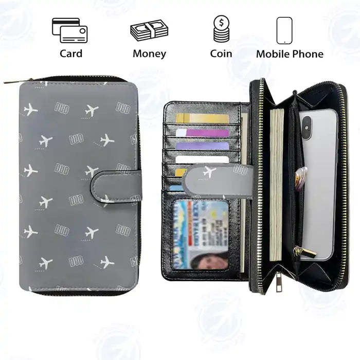 Dunedin Airport (DUD) Leather Wallets - Zip Long Wallet - Pattern - Gray
