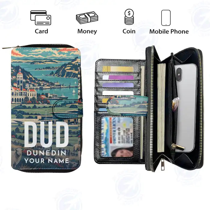 Dunedin Airport (DUD) Leather Wallets - Zip Long Wallet - Scene + Name