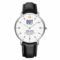 Thumbnail for Dutch Harbor Unalaska Airport (DUT) Aviator Watches - Classic - White - Slim Leather - Silver & Black Leather Strap