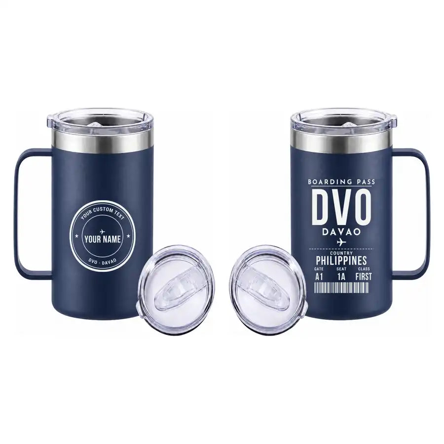 Francisco Bangoy International Airport Davao (DVO) Stainless Steel Mugs - Boarding Pass + Custom Back - Stainless Steel Mug - 24 oz / 700ML - Navy Blue