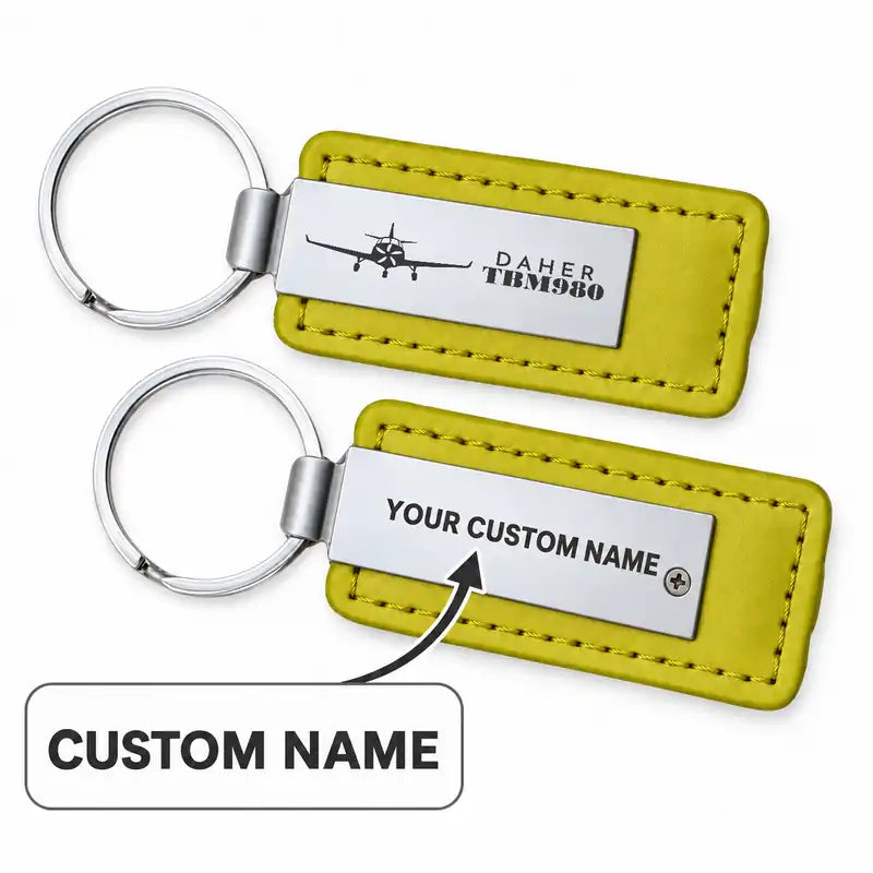 Daher TBM 980 - Leather Key Chain - Faux Leather - Heritage - Yellow + Name
