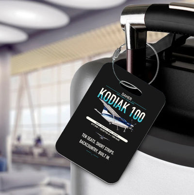 Daher Kodiak 100 Series III design on black acrylic luggage tags, double-side print