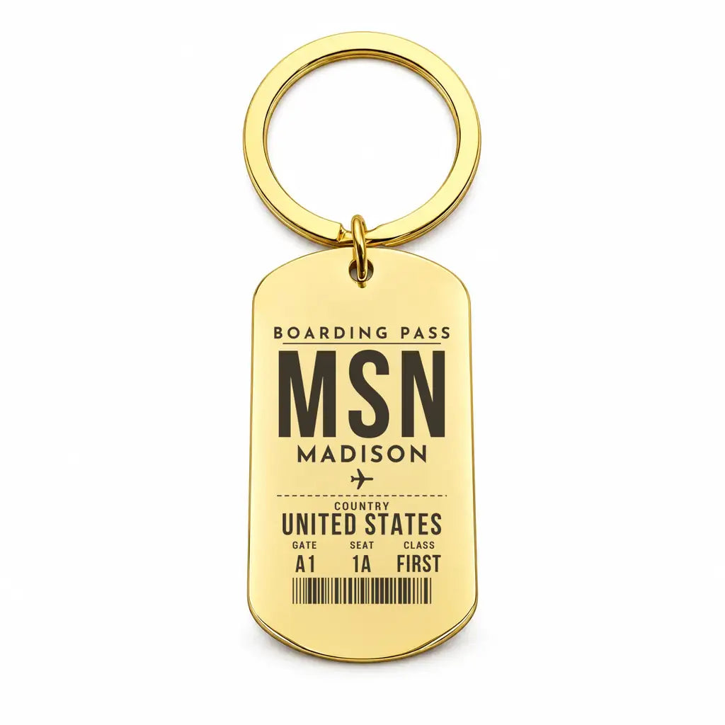 Dane County Regional Airport Madison MSN - Key Chain - Boarding Pass Style - Gold