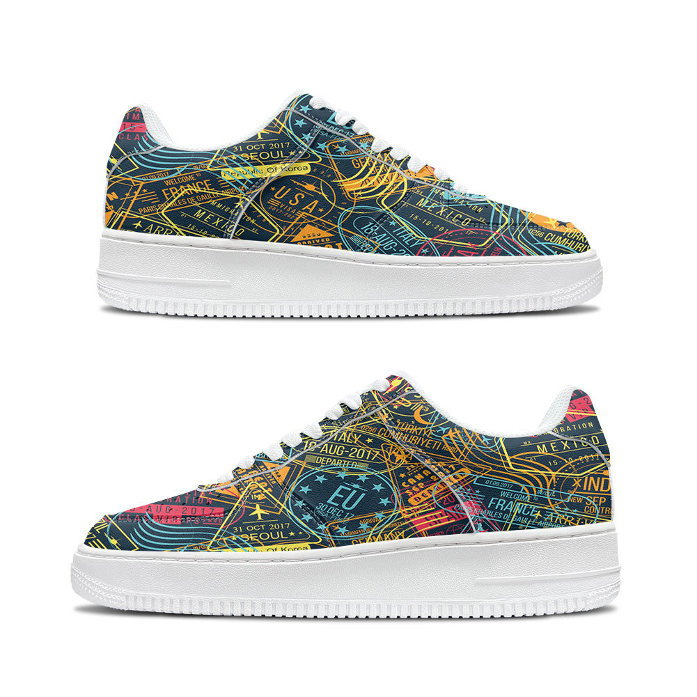 Dark Coloured Passport Stamps Designed Low Top Sport Sneakers & Shoes