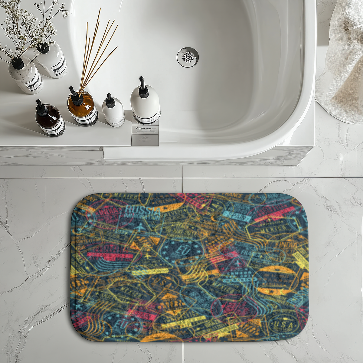 Dark Coloured Passport Stamps Designed Bath Mats