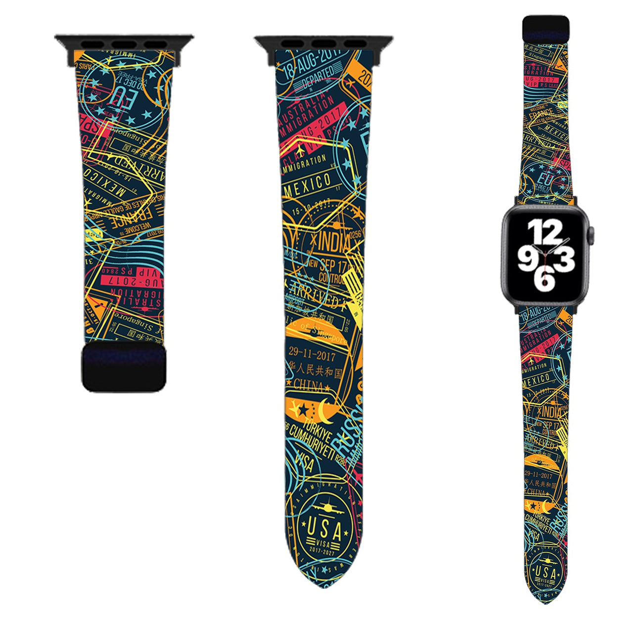 Dark Coloured Passport Stamps Designed Soft Silicone Apple Watch Bands