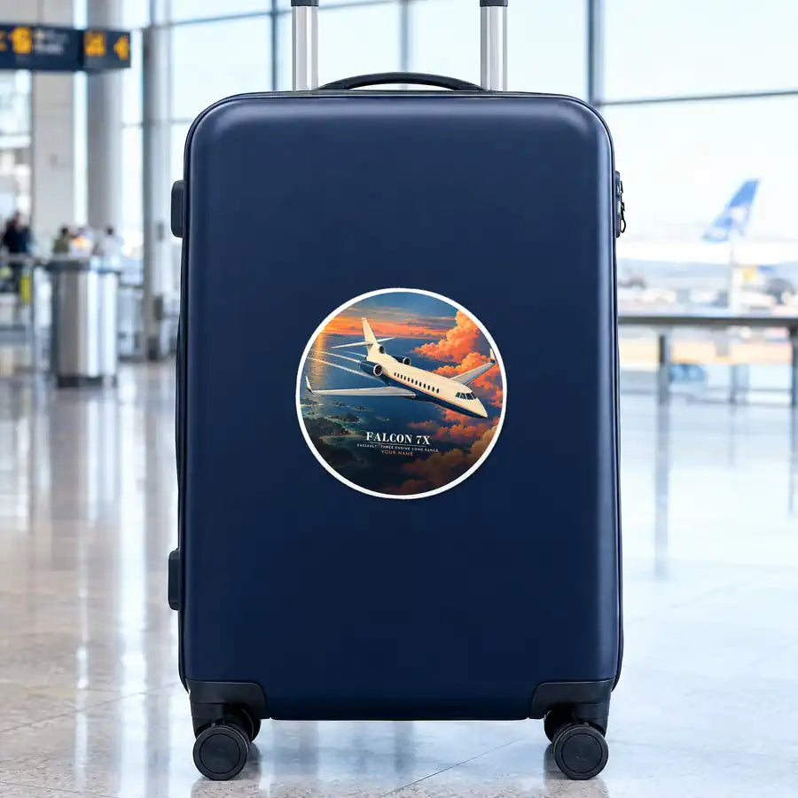 Dassault Falcon 7X - 3D + Name - Circle Sticker - Suitcase