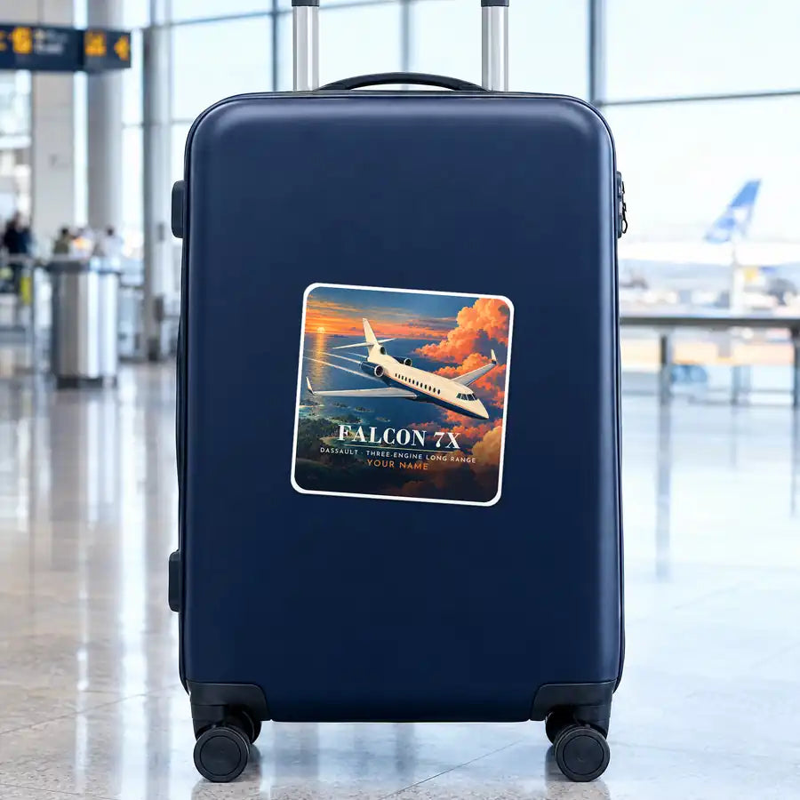Dassault Falcon 7X - 3D + Name - Square Sticker - Suitcase