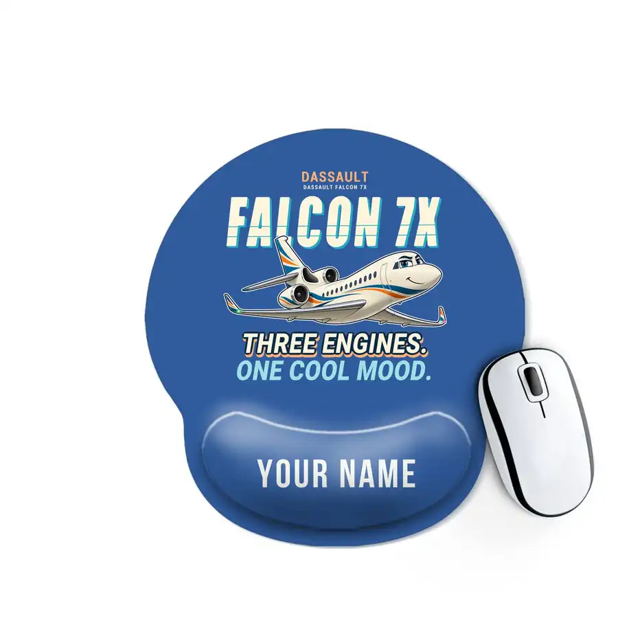 Dassault Falcon 7X - Cartoon + Name - Ergonomic Mouse Pad - Blue