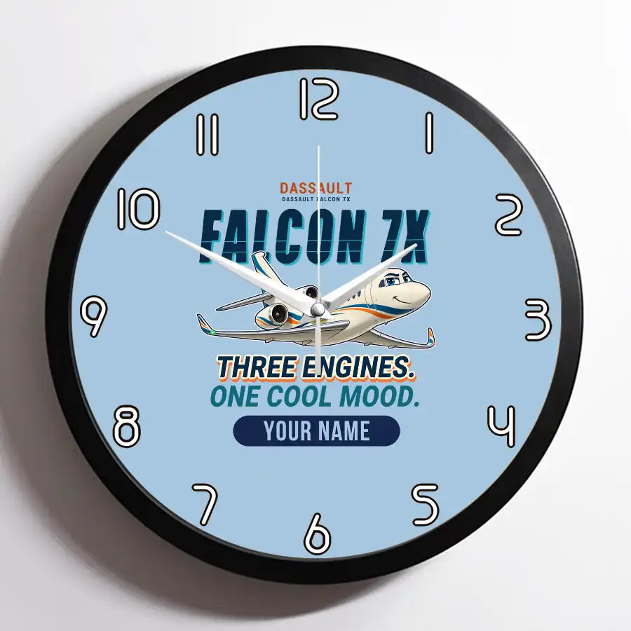 Dassault Falcon 7X - Cartoon + Name - Framed - Light Blue
