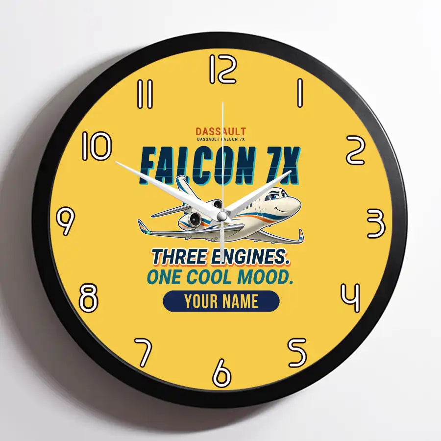 Dassault Falcon 7X - Cartoon + Name - Framed - Yellow
