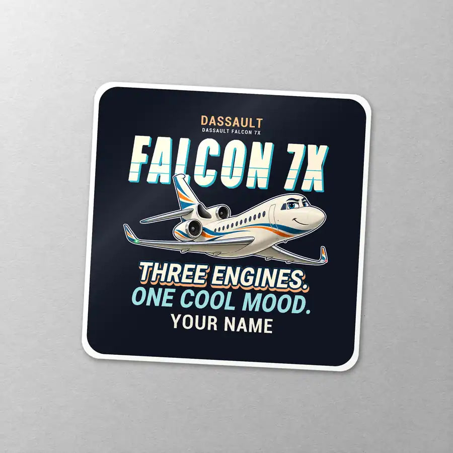Dassault Falcon 7X - Cartoon + Name - Square Sticker - Close-up