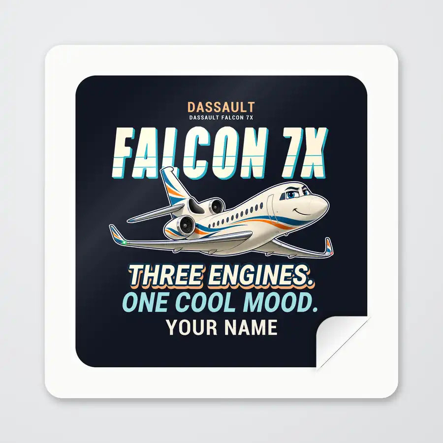 Dassault Falcon 7X - Cartoon + Name - Square Sticker - Peel