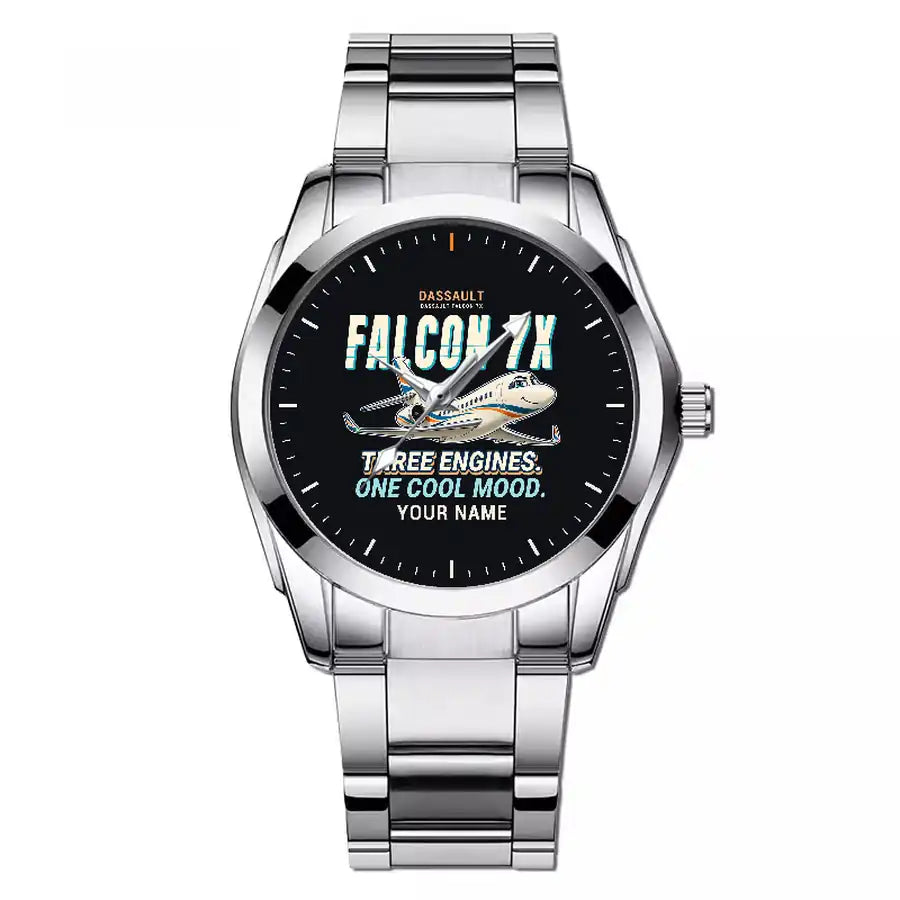 Dassault Falcon 7X - Cartoon + Name - Stainless Steel Band - For Men
