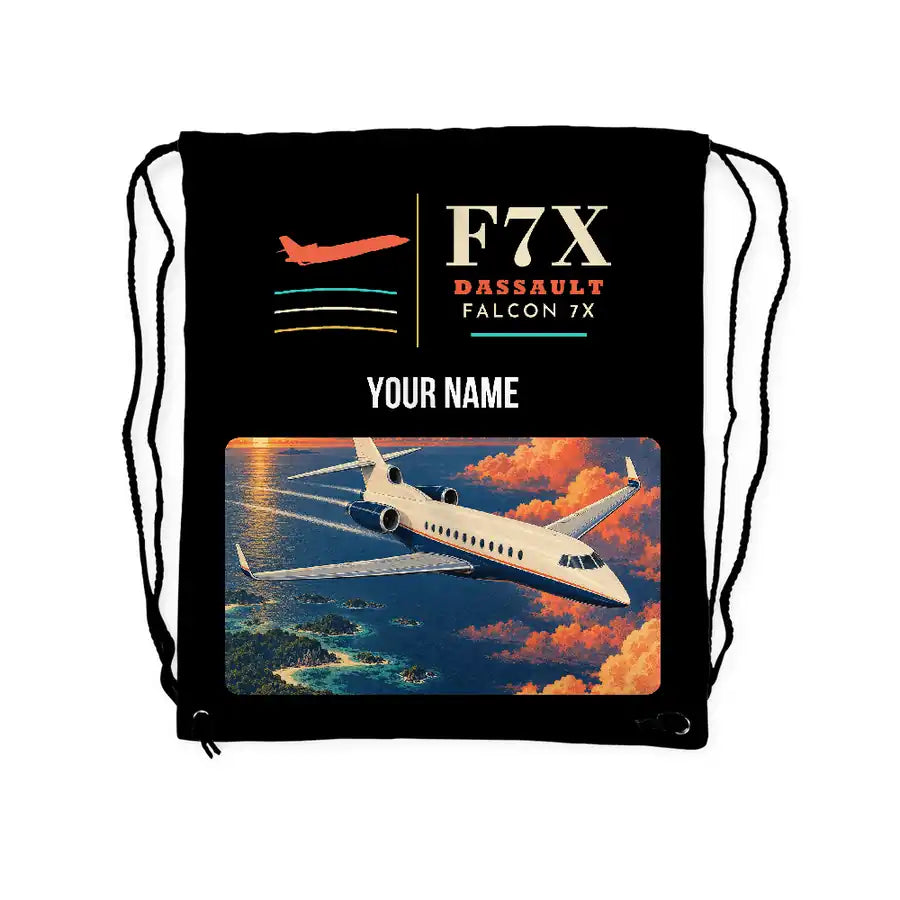 Dassault Falcon 7X - Drawstring Bag - Classic + Name - Black