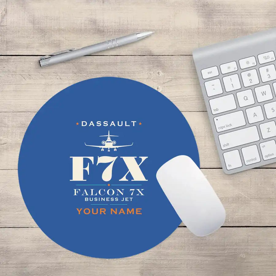 Dassault Falcon 7X - Heritage + Name - Round Mouse Pad - Blue