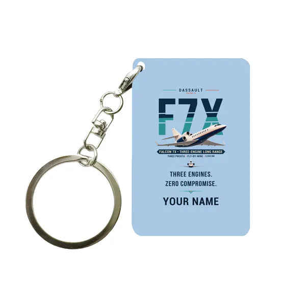 Dassault Falcon 7X - Original + Name - Key Chain - Light Blue