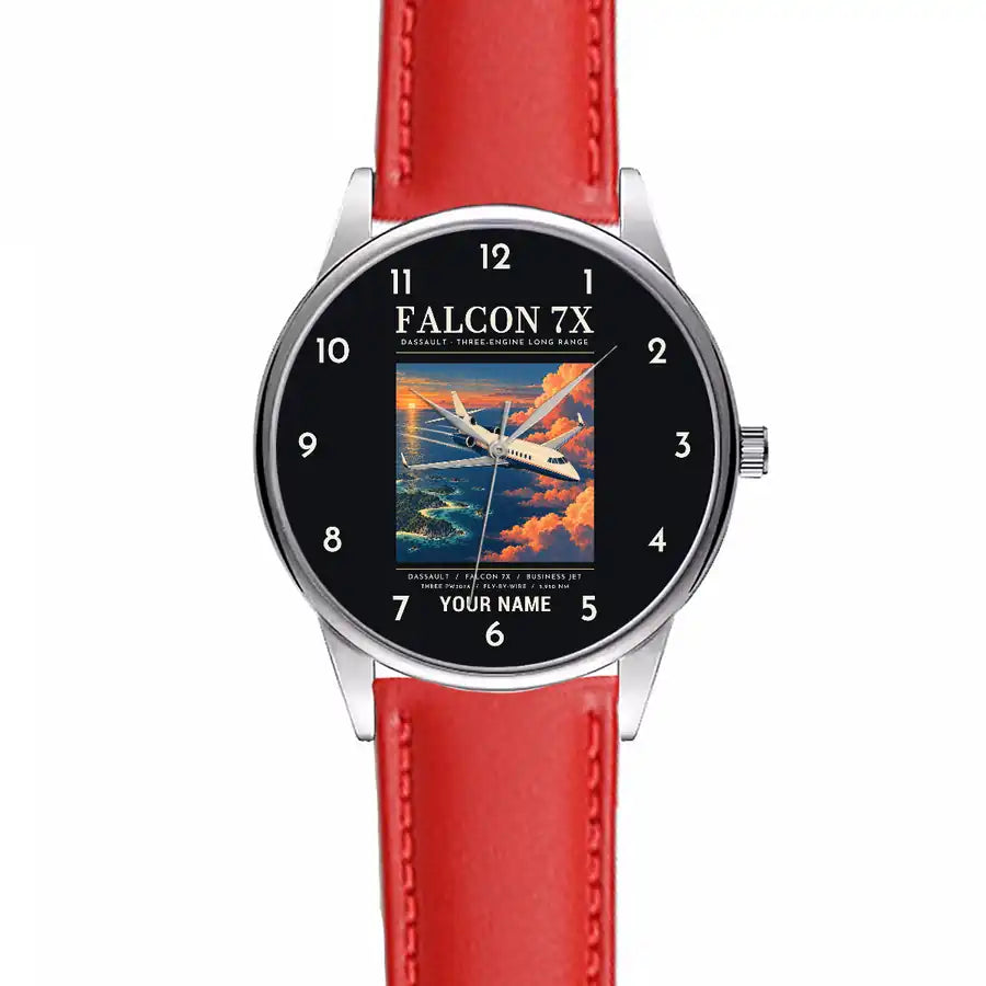 Dassault Falcon 7X - Poster + Name - Leather Strap - Red Leather Strap