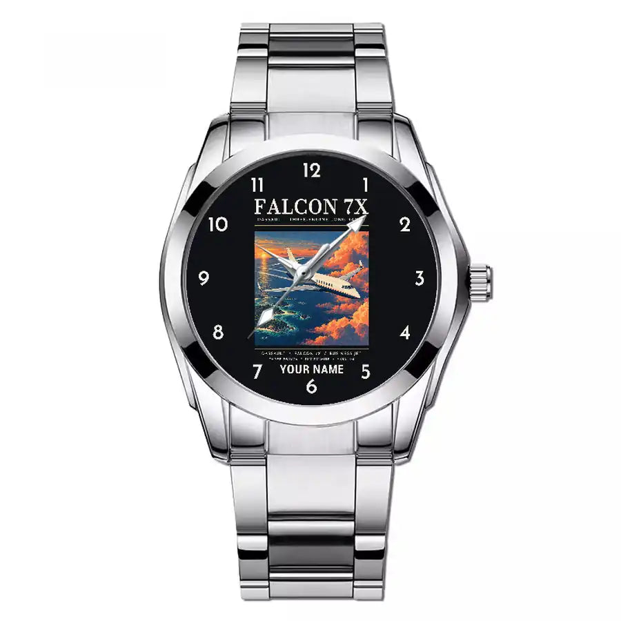 Dassault Falcon 7X - Poster + Name - Stainless Steel Band - For Men