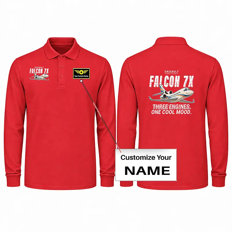 Dassault Falcon 7X Premium Polo T-Shirts - Cartoon + Name - Long Sleeve - Red