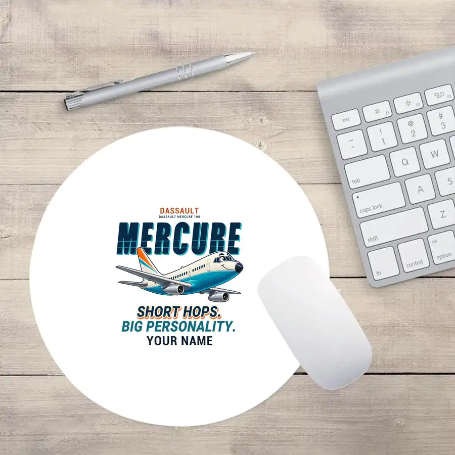 Dassault Mercure 100 - Cartoon + Name - Round Mouse Pad - White