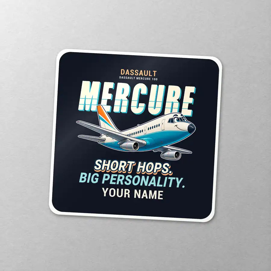 Dassault Mercure 100 - Cartoon + Name - Square Sticker - Close-up